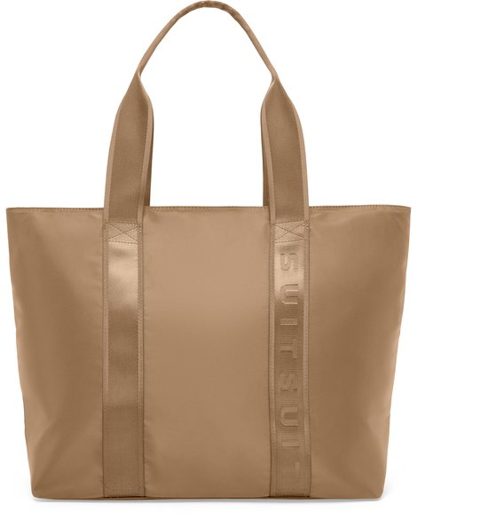 Beige shopper met bruine hengsels en SUITSUIT logo op de zijkant.