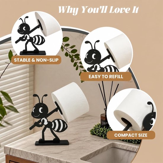 Zwarte ant-vormige toiletrolhouder, stabiel en antislip.