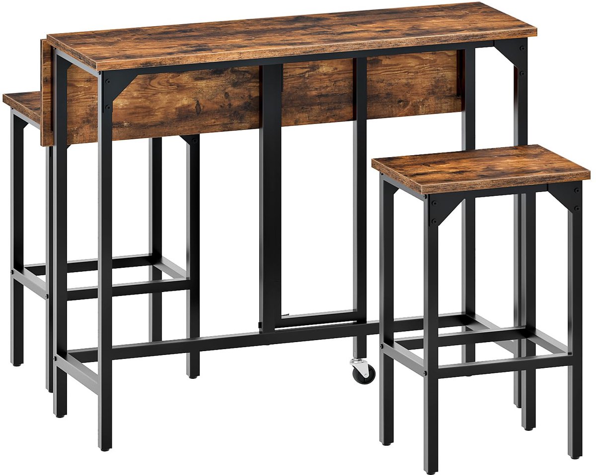 SnelShoppen - Opvouwbare Eettafel met 2 Barkrukken - 100 cm Industrieel Stalen Frame - Rustiek Bruin en Zwart - Perfect voor Woonkamer, Café, Restaura
