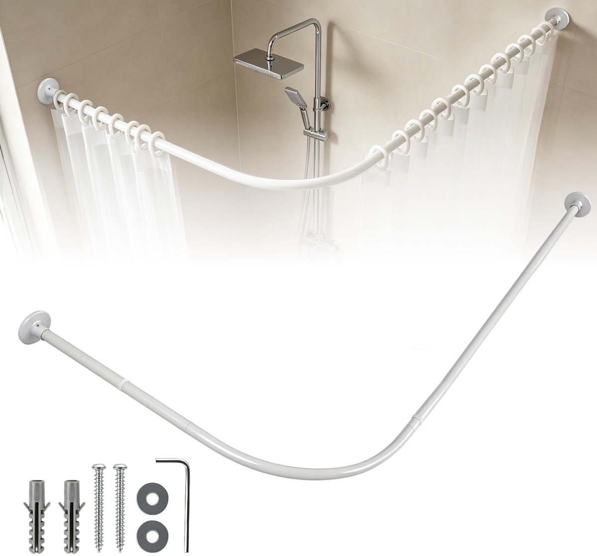 SnelShoppen - Douchegordijnstang L-vorm, Verstelbare Douchestang 70-95 cm x 105-165 cm, Roestvrij Staal, Hoekdouchestang voor Badkuip, Badkamer en Kle