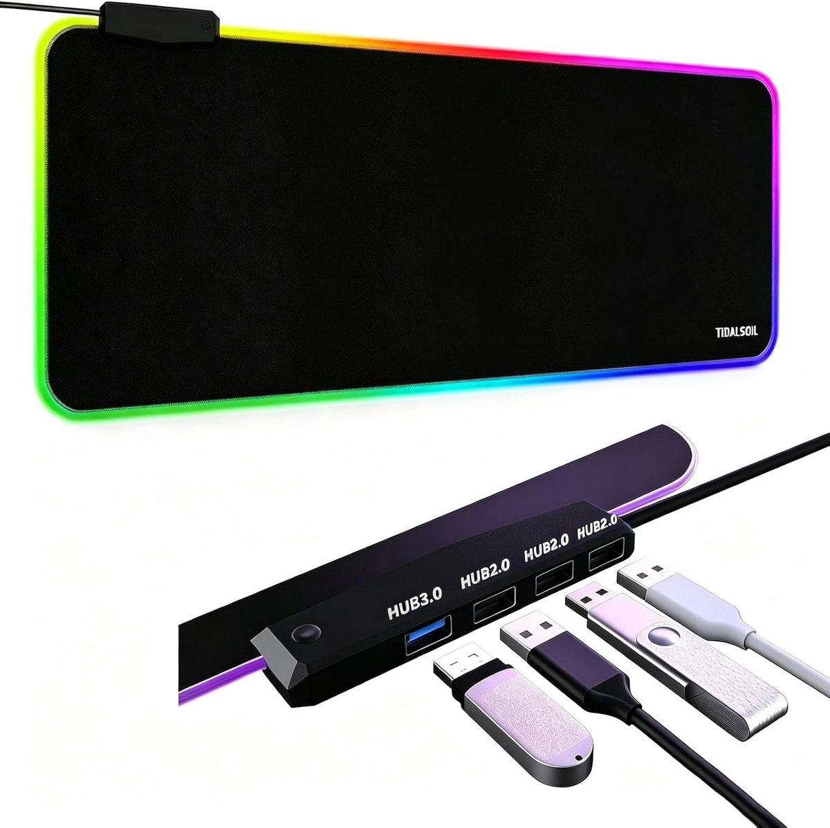 SnelShoppen - RGB Gaming Muismat XXL 800 x 300 mm met 14 Verlichtingsmodi, USB-Hub, Antislip, Waterdicht Bureauonderlegger voor PC, Gamer en Laptop -