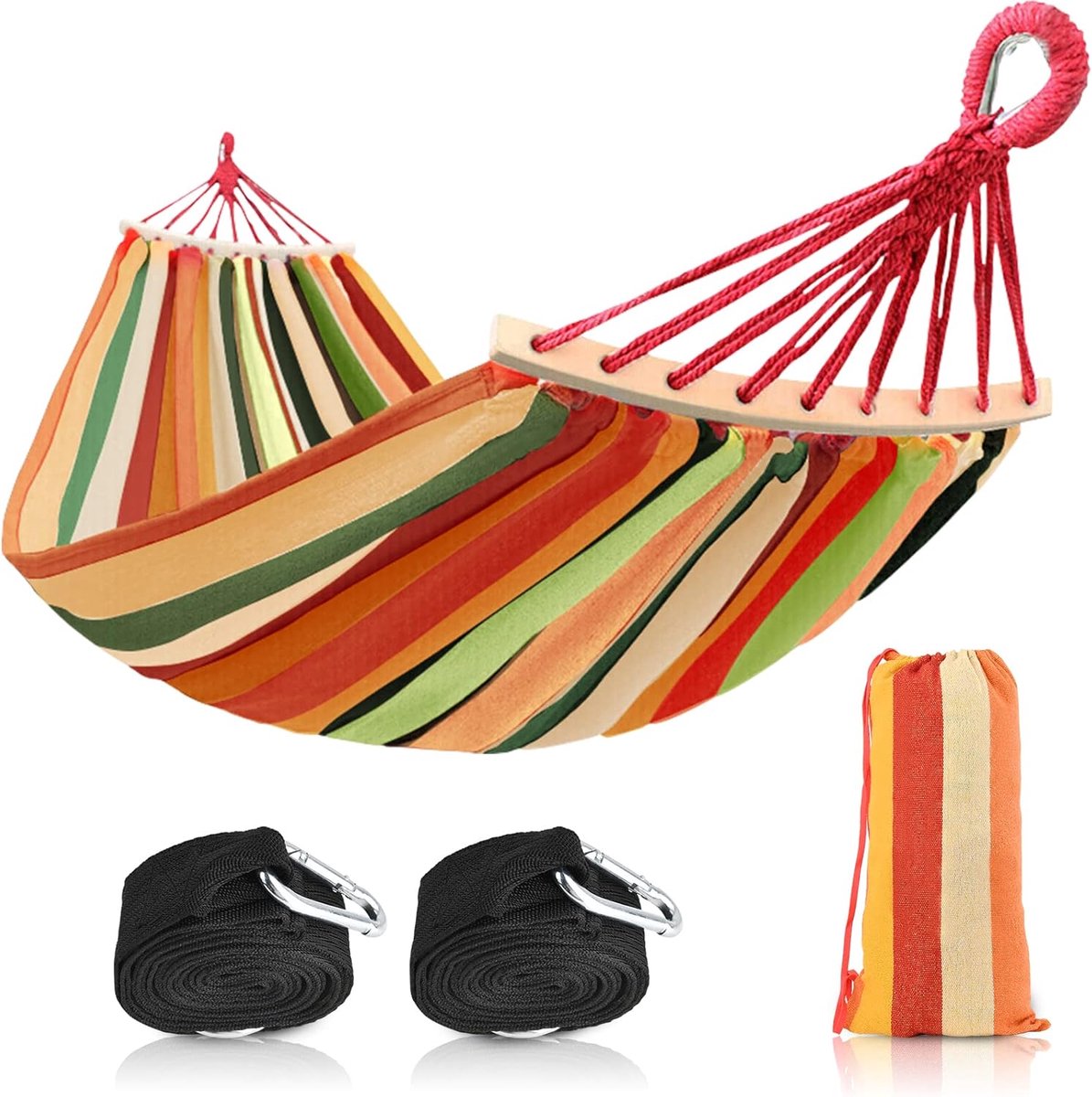 SnelShoppen - Hangmat 200 x 150 cm, Campinghangmat met Zweefbalk, Extra Grote Zeildoek, Draagbaar met Draagtas, Tot 300 kg, Kleurrijk voor Tuin en Bin