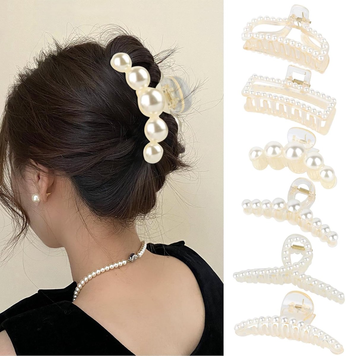 SnelShoppen - 6 Stuks Grote Haarclips, Antislip Klemclips voor Dikke en Dunne Haar, Elegante Parelhaarspelden voor Vrouwen en Meisjes, Perfect voor Fe