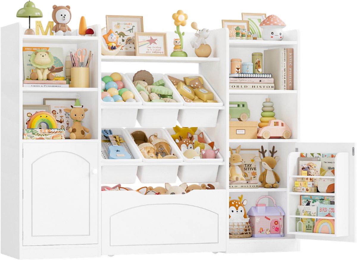 Kinderen Boekenkast – Voor Kinderkamer – Met 15 Planken, 6 Opbergboxen & 1 Lade – Wit 140x33x108,2 cm