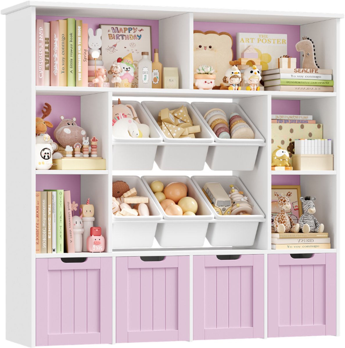 Kinder Boekenkast & Speelgoed Opbergkast – Voor Kinderkamer Speelgoed en Boeken – Met 6 Vakken, 4 Lades op Wielen en 6 Opbergboxen – Houtlook