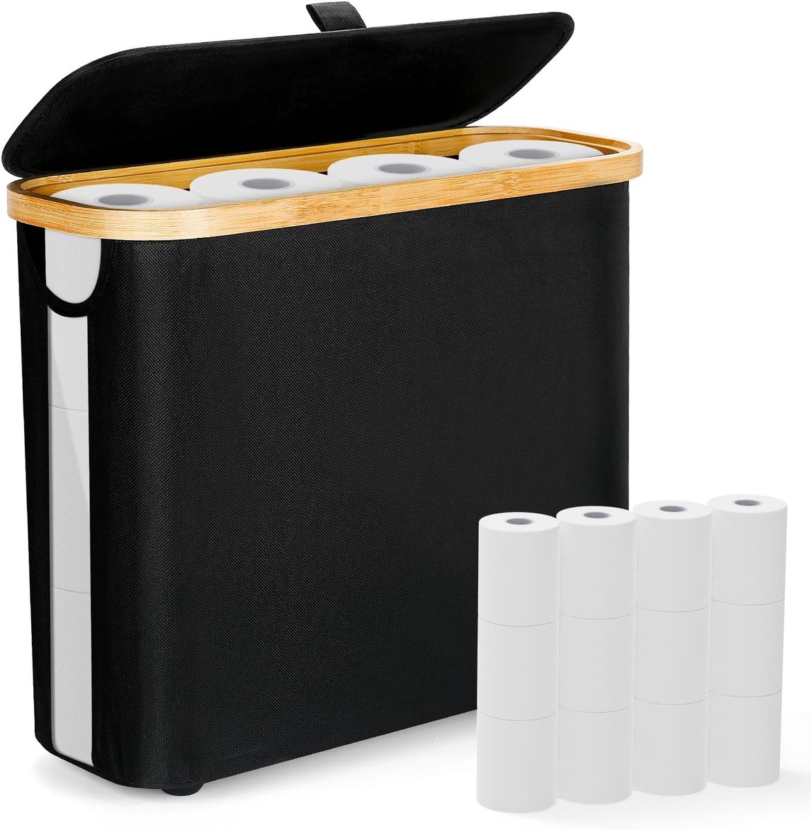 Thijox - 26L Toiletpapier Opbergmand met Deksel, Bamboe Badkamer Organizer voor 9-12 Rollen, Decoratieve Opbergmand voor Toiletpapier, Ruimtebesparend