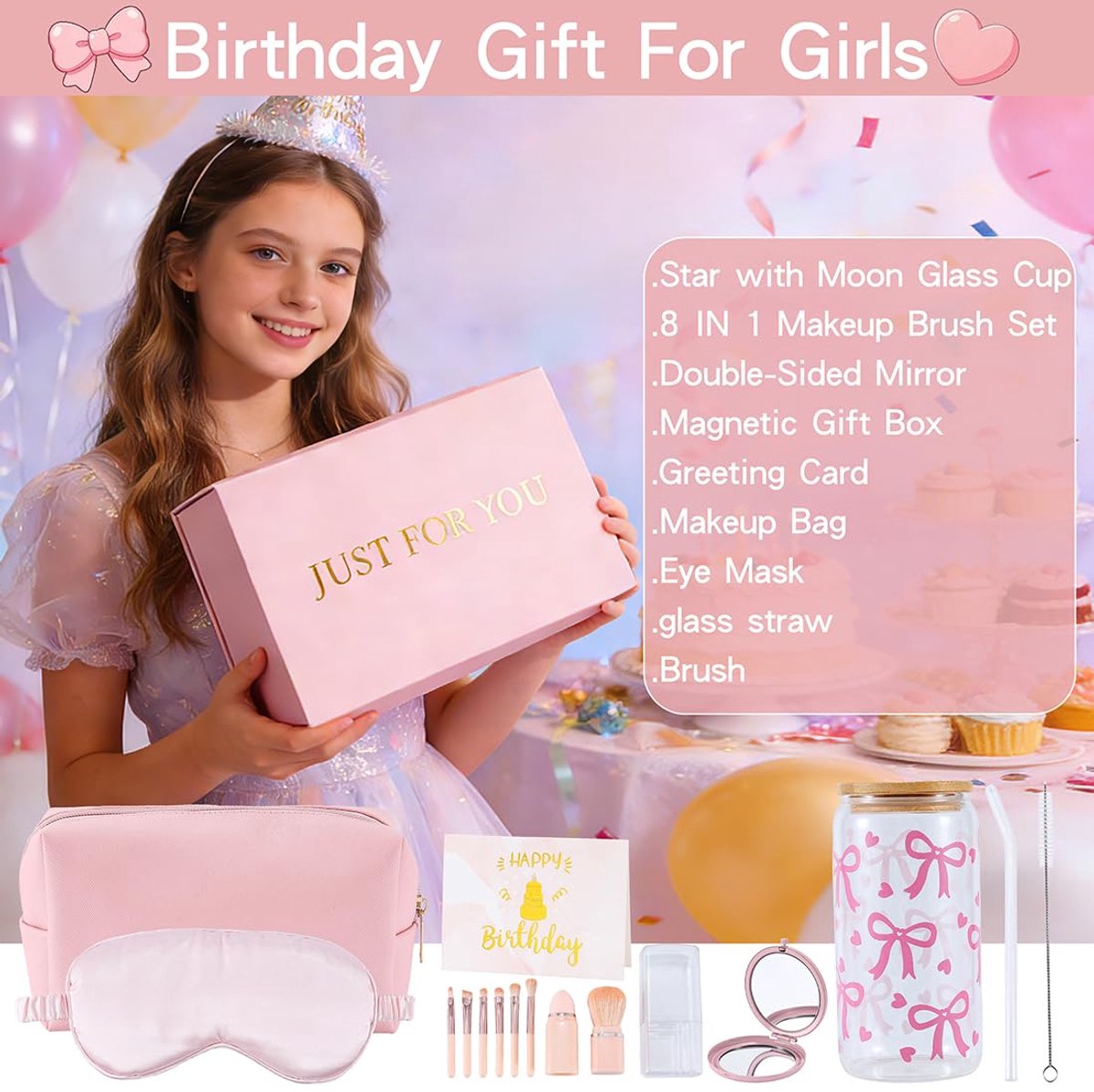 SnelShoppen - Verjaardagscadeau voor meisjes 9-14 jaar, roze cadeauset met drinkglas 473 ml, rietje en bamboedeksel, mini-make-upkwastenset met strikk