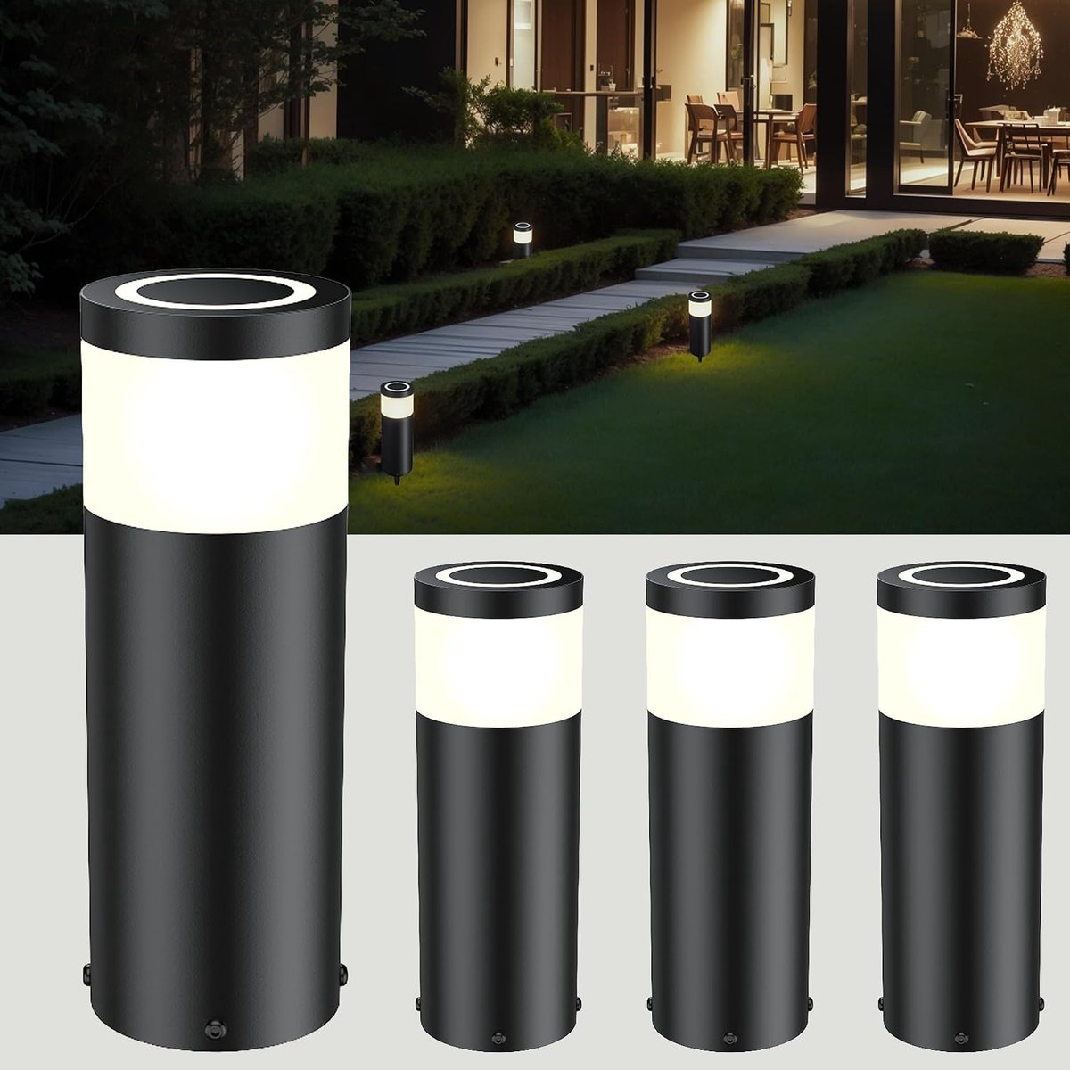 SnelShoppen - 4 Stuks Roestvrijstalen Padverlichting Buiten met Grondpen 230 V, Zwart - IP65 Waterdicht, 290 mm Hoog, 5 W, 3000 K Warmwit, COB LED Tui