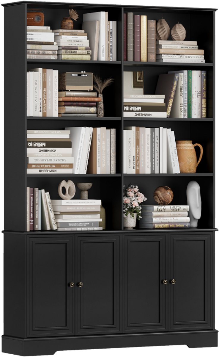 Boekenkast – Voor Woonkamer en Opslag – 6-Lagen Vrijstaand met Deuren – Houtlook 120x27x185 cm