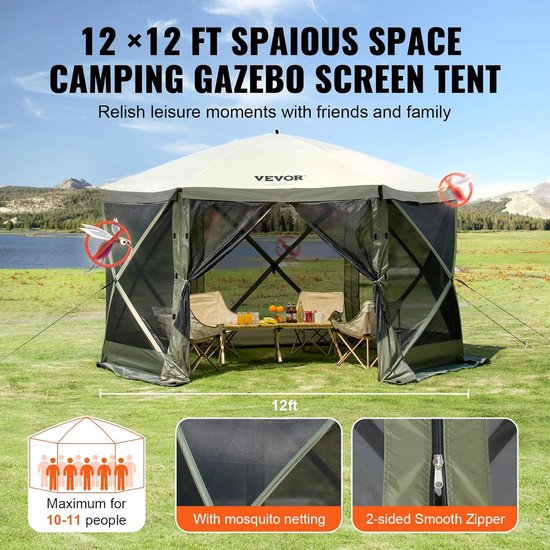 Pop-up Paviljoentent, 6-Zijdig Zonnescherm met Verwijderbare Privacypanelen en Gaasramen, 12x12FT Snel Opzetbare Schermtent met Muskietennet, Legergroen van Merkloos — afbeelding 2