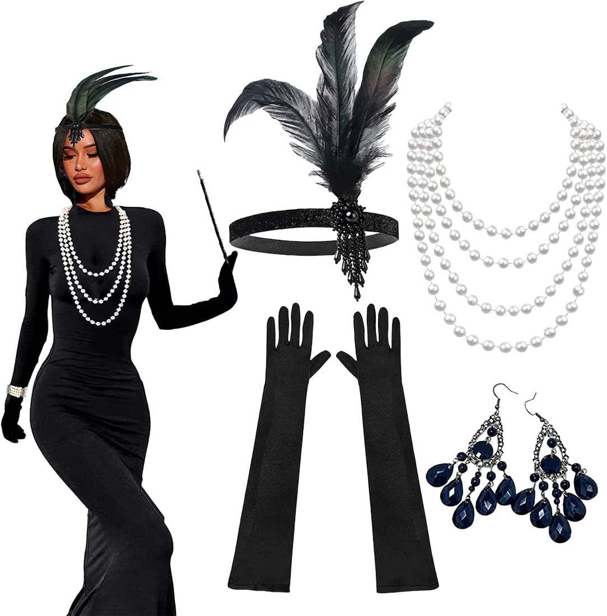 4-delige kostuumaccessoires voor dames, Gatsby en Charleston stijl, perfect voor maskerade, Halloween en feestelijke gelegenheden