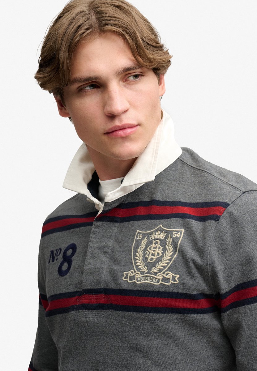 Superdry Double Emblem Stripe Rugbytop Heren Tops Antieke Grijze Gemeleerde Streep