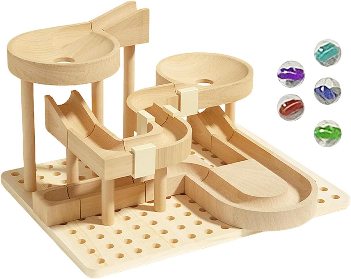 Knikker Racebaan - Houten Bouwblokken - STEM Leren - Eindeloze Herconfiguratie - 30 x 30 x 10 cm - Houtkleur