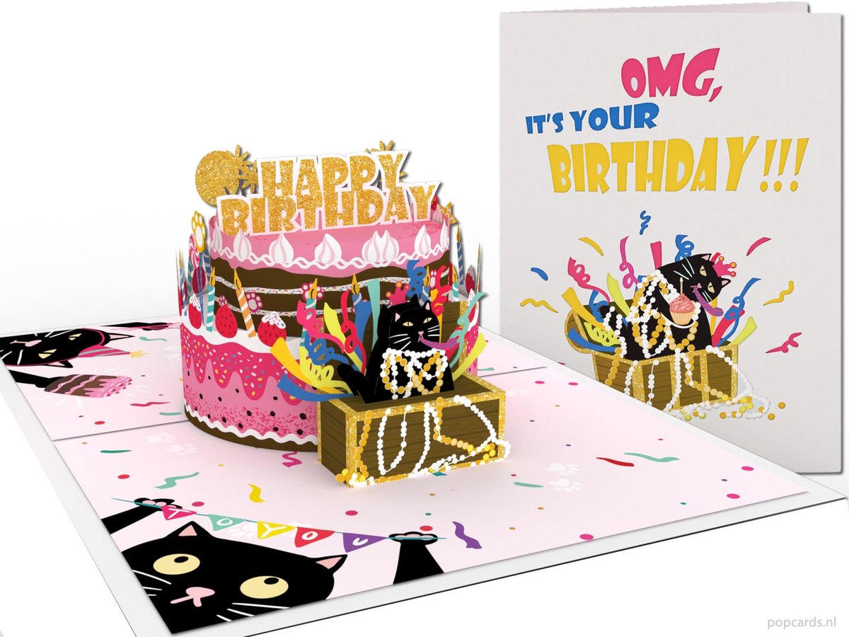 Popcards pop-up kaart - OMG, It's Your Birthday! Grappige Katten Verjaardagstaart Verjaardagskaart 3D kaart Wenskaart (jarig, taart, humor)