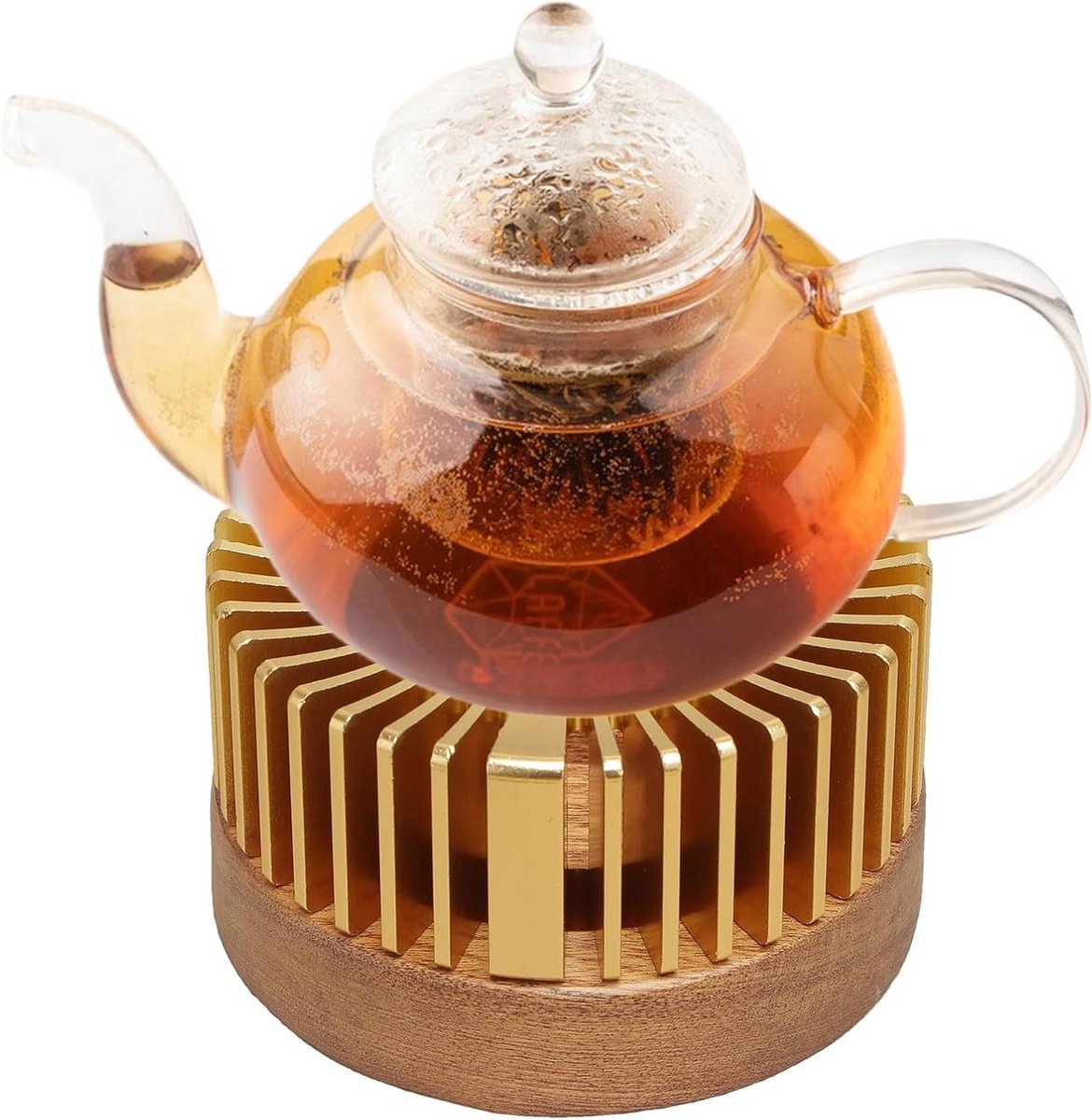 Theelichthouder - Drankverwarmer - Thee Warm Houden - Massief Houten Sokkel - 11 cm Diameter - Champagne Goud