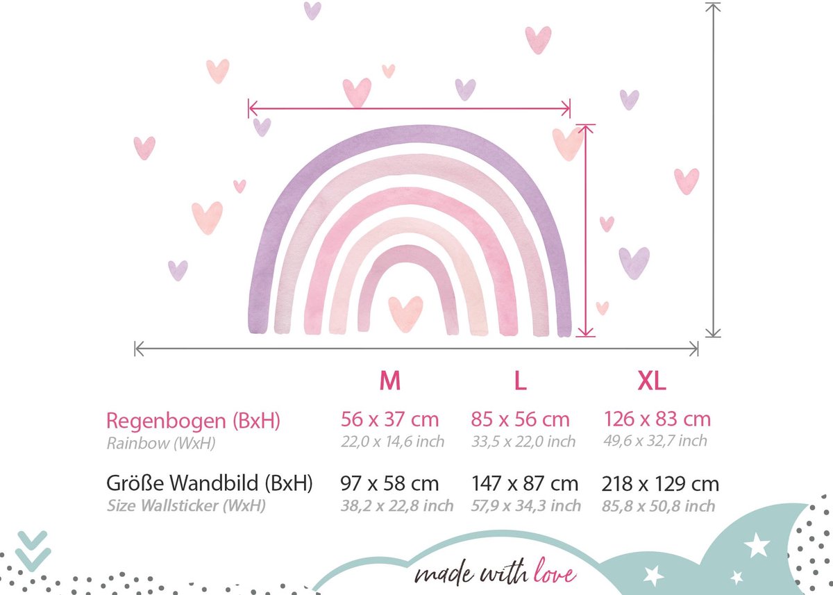 SnelShoppen - Muursticker Kinderkamer Regenboog - Boho Harten Aquarel Pastel Muurstickers voor Babykamer en Slaapkamer Decoratie - DL5090-04