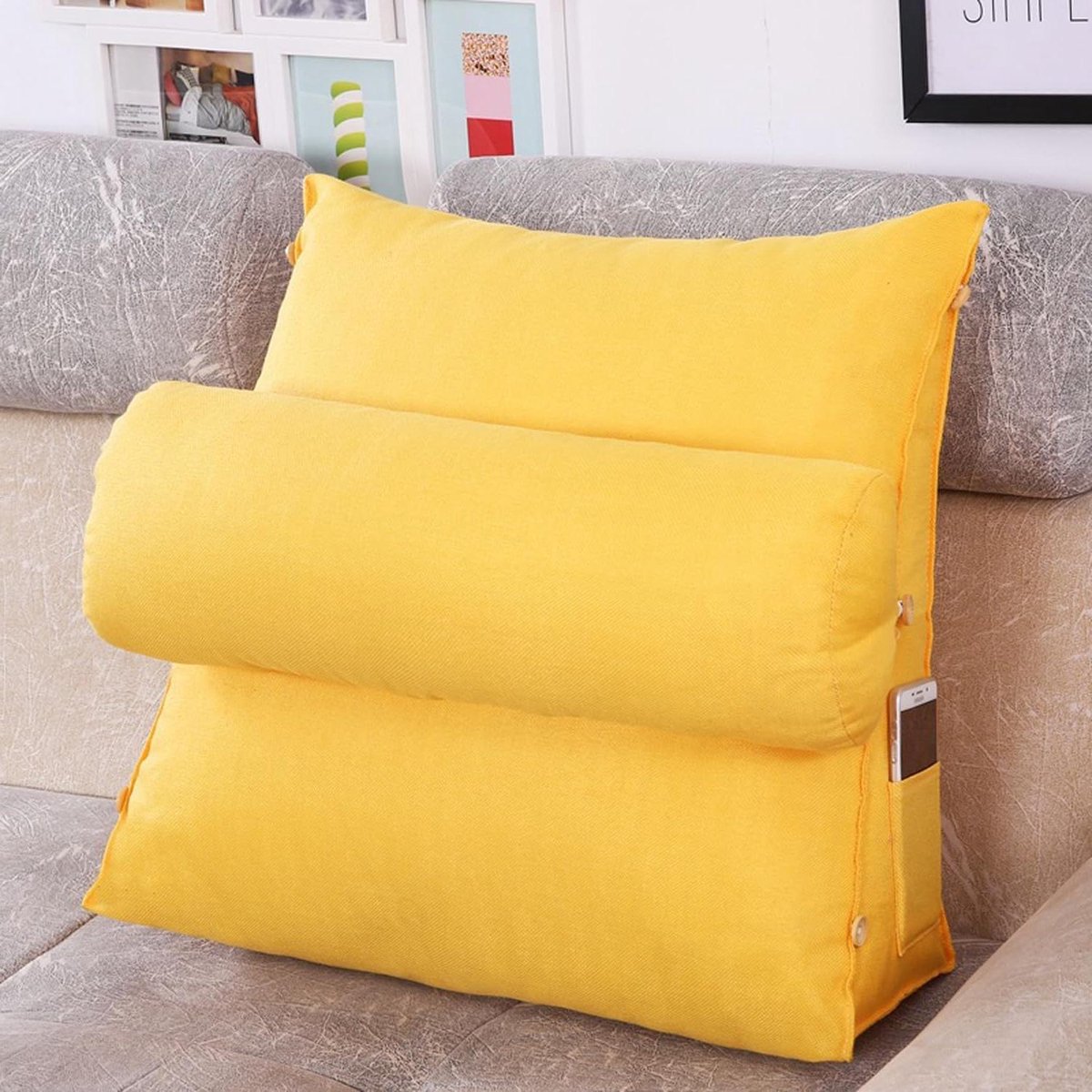 Leeskussen - Steun wig - Ontspannen in bed - Wasbare hoes - 60x20x50cm - Geel