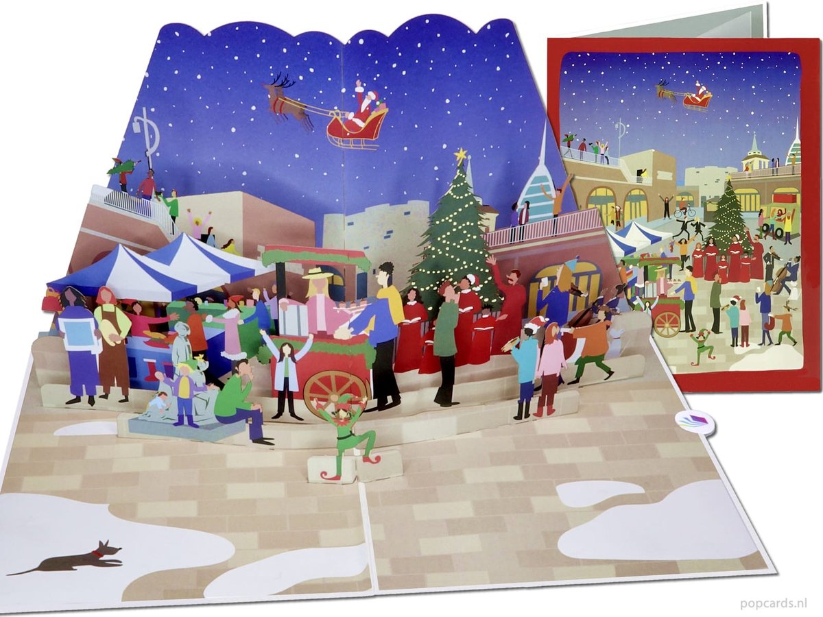 Popcards pop-up kaart - Bruisende Kerstmarkt & KerstmanLuxe 3D Kaart Pop-Up Kerstkaart Wenskaart
