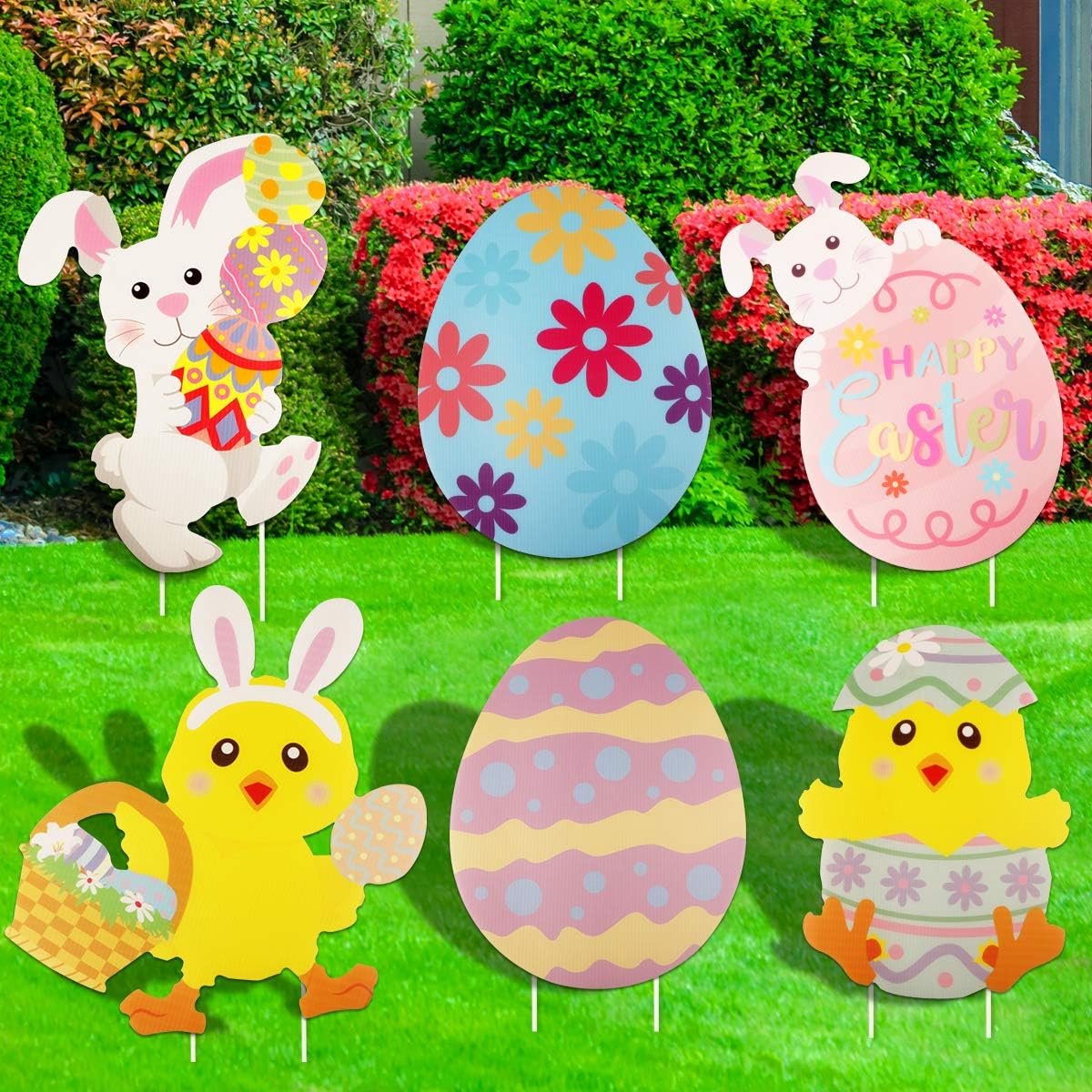 6 stuks paastuin borden buiten paaseieren tuin borden paastuin decoraties Pasen gazon decoratie paastuin kunst decoratie met 12 plastic palen voor tuin gazon tuin tuin paasrekwisieten decoratie