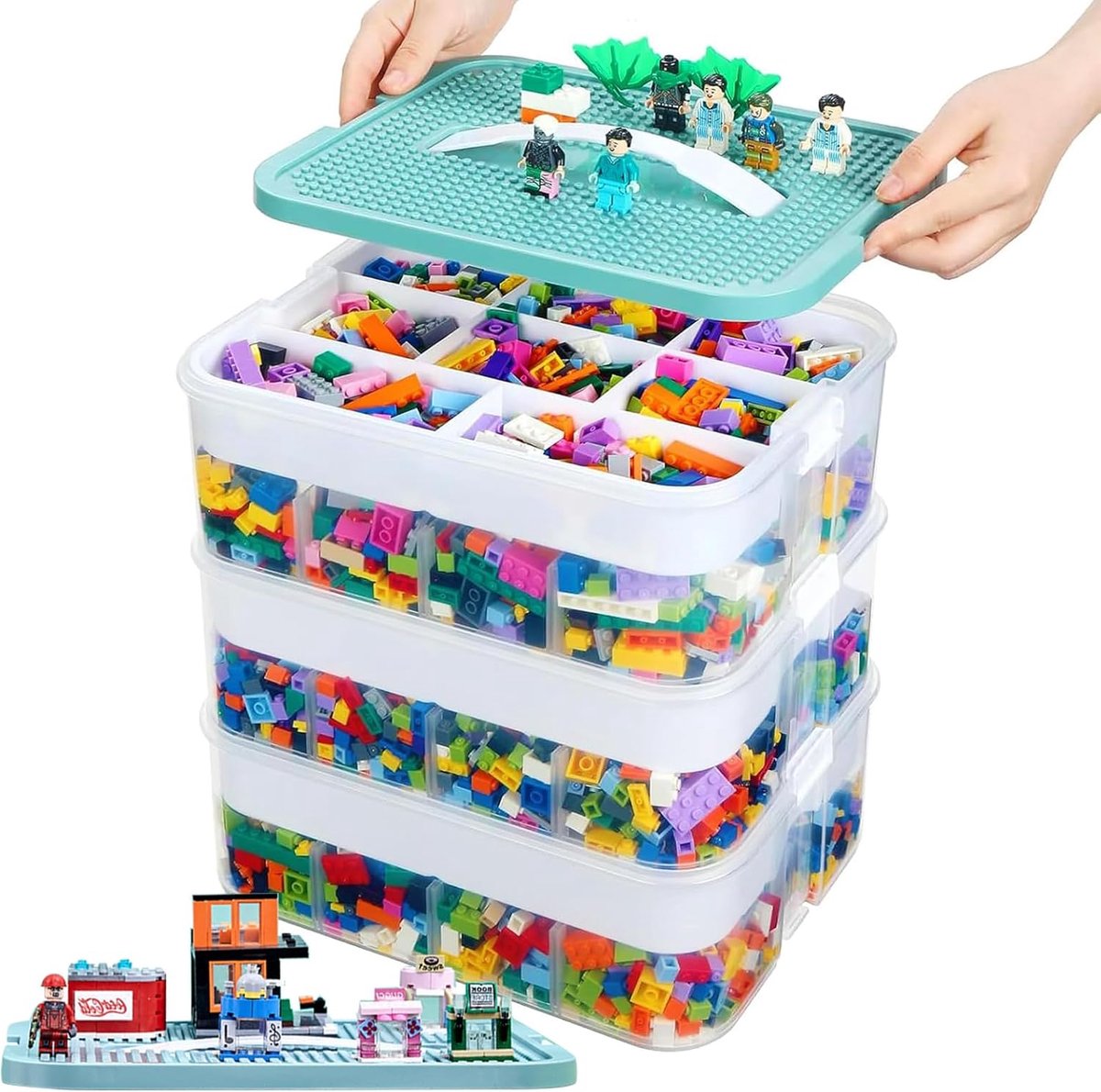 Kinderopbergdoos met deksel voor Lego-bouwstenen, met 3 niveaus, stapelbare kunststof opslag, transparant, met vakken, voor het opbergen van kinderspeelgoed