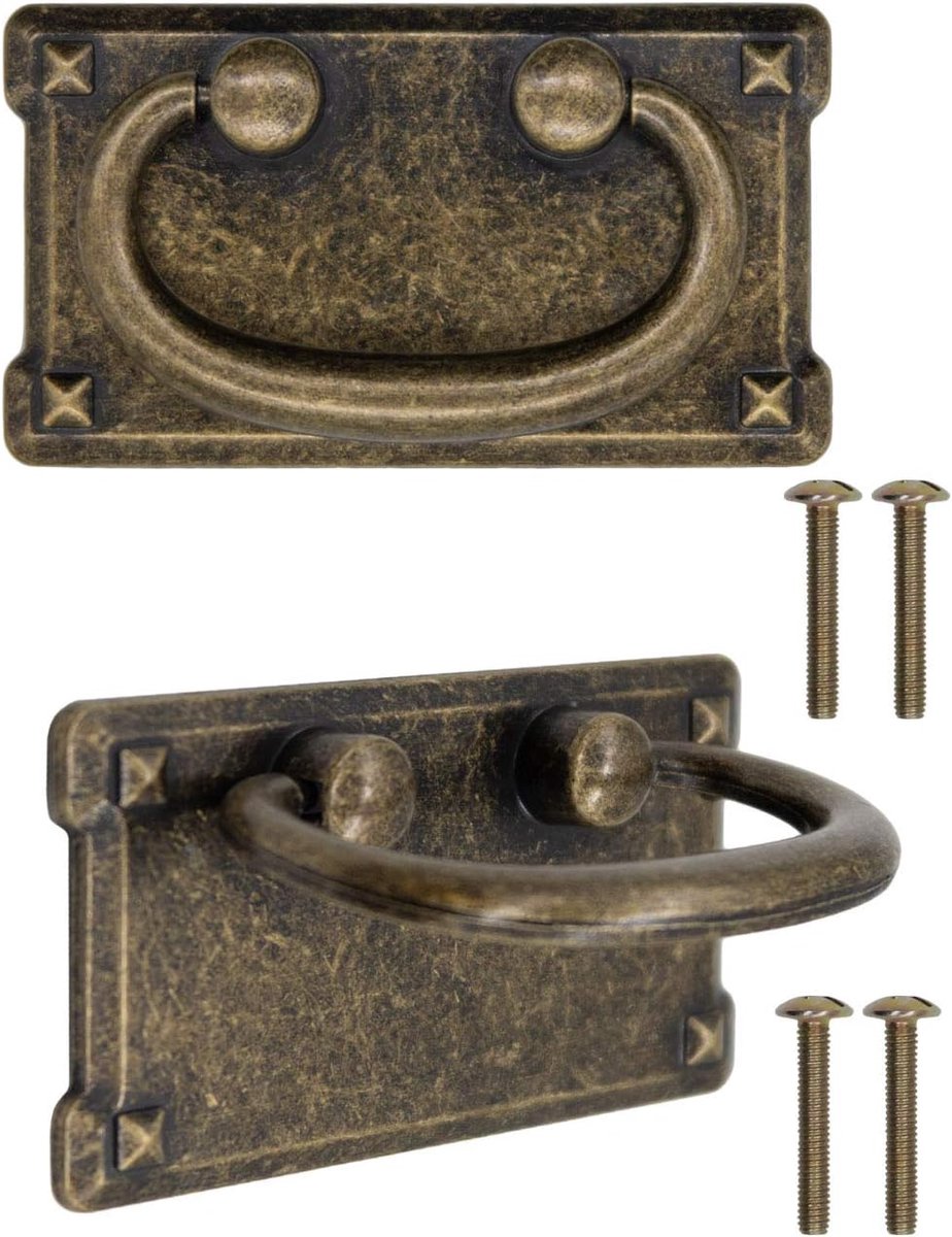 - 2 antieke ladehandgrepen, opvouwbaar, bronzen ijzeren design, voor schuifregelaars, kasten, deuren, kisten, keukens, buffetten, kisten, enz. Vintage landhuis, retro, set van 2