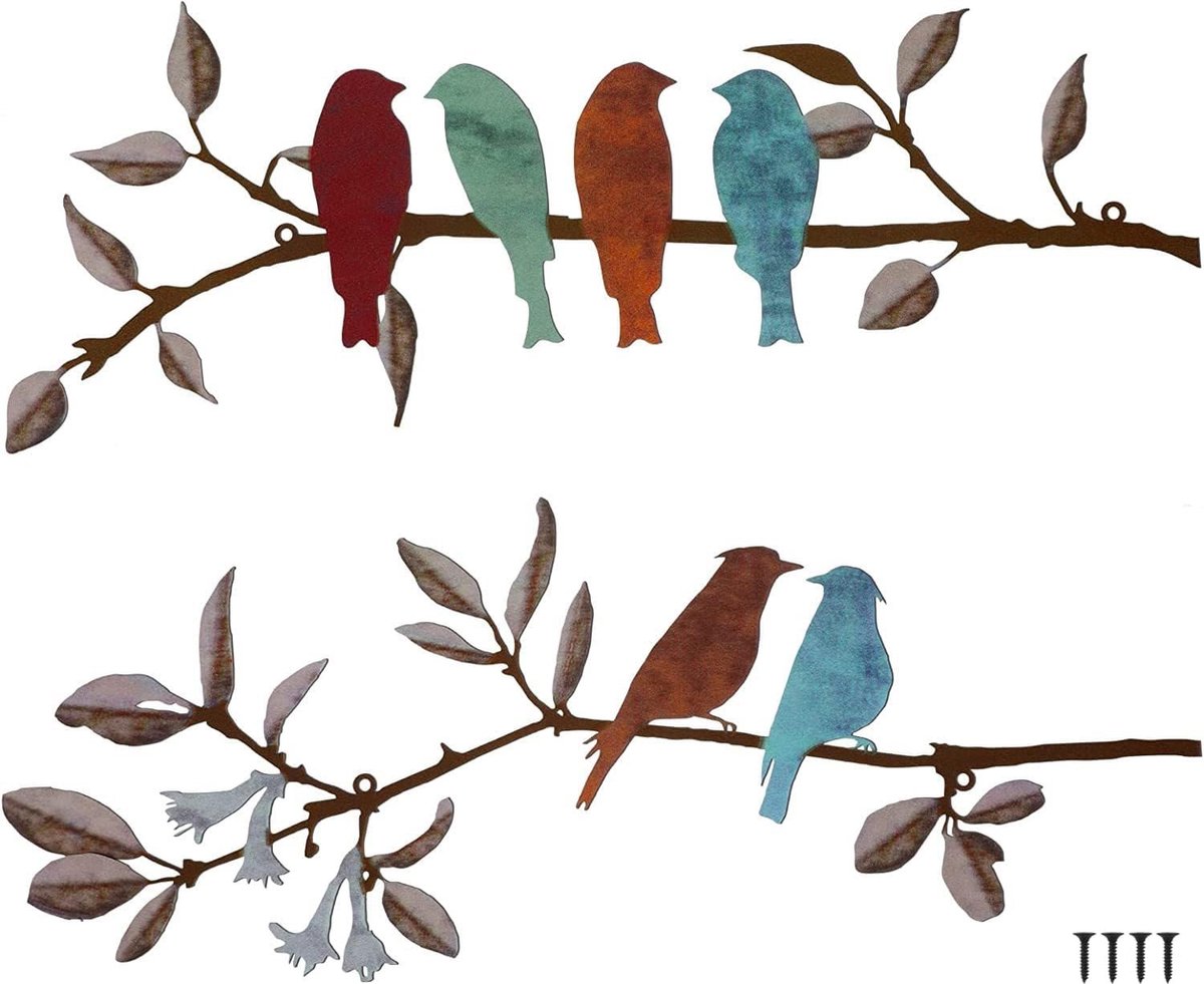 vogel kunst aan de muur, 2 stuks levendige metalen vogels op tak muur hangende decoratie voor thuis woonkamer tuin balkon binnen buiten ornament