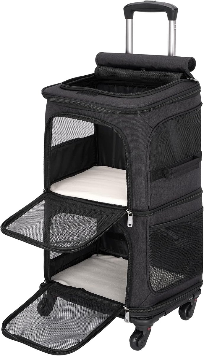 SnelShoppen - Dubbele Kattenrugzak met Afneembare Wielen, Draagbare Hondendraagtas, Opvouwbare Huisdierenrugzak voor 2 Katten/Kleine Honden/Konijnen,