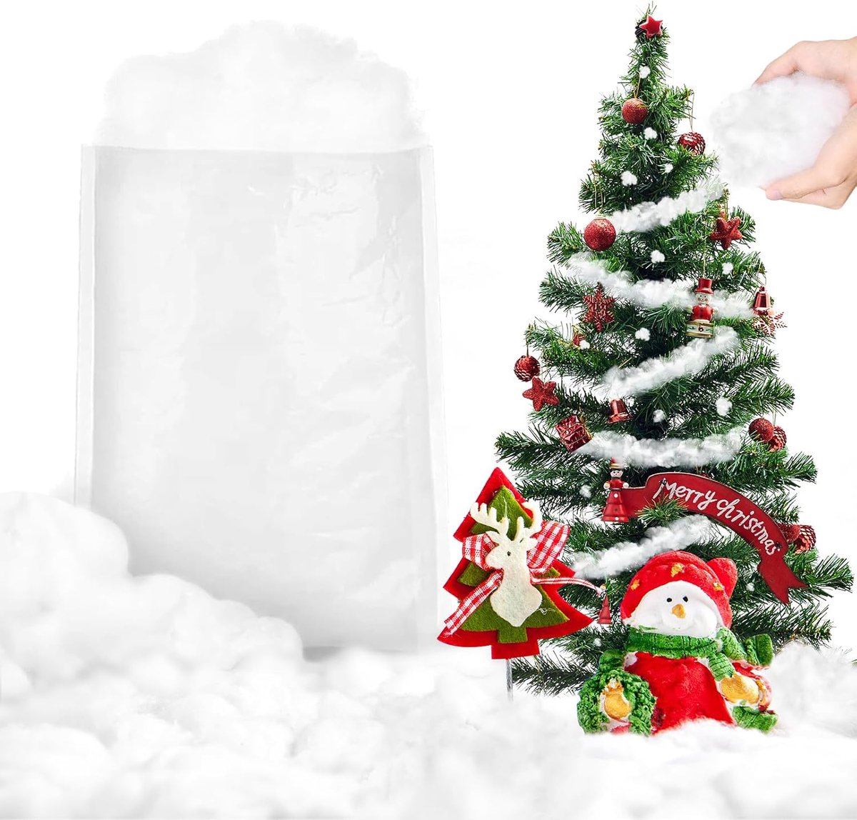 Kunstsneeuw, zachte katoenvezel, kunstsneeuw voor kerstboomversiering, kerstdorp, winterdorp en kerstdecoraties, wit, 160 g
