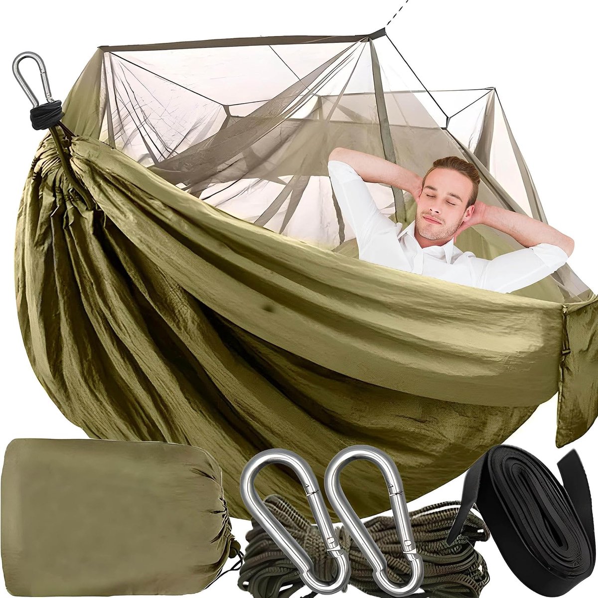 Campinghangmat met muggennet, ultralichte hangmat, ademend voor trekking, backpacking, nylon reishangmat met muskietennet, voor reizen, tuin, wandelen, survival, 260 x 140 cm
