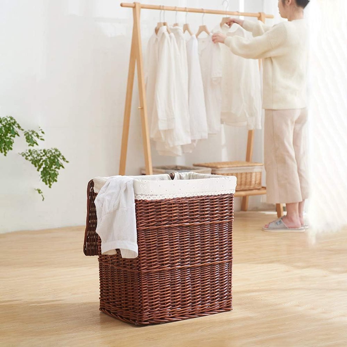 opbergmand, draagbare wasmand met deksel, verwijderbare voering, geschikt voor slaapkamer, badkamer, kinderkamer,Brown,46x35x50cm