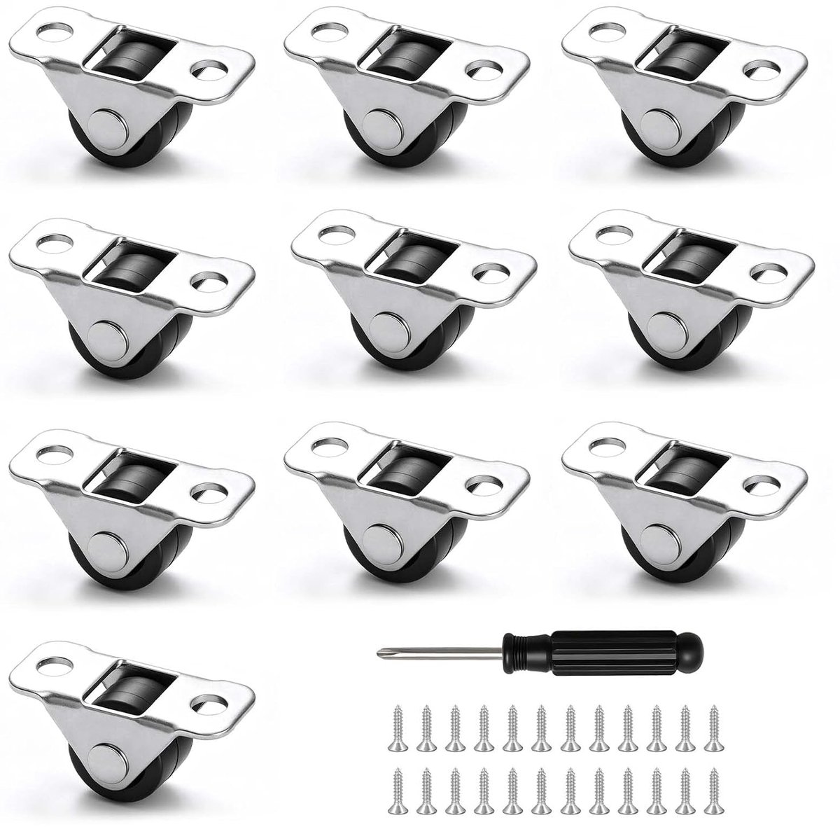 12 Stuks Kleine Meubelwielen, 12 mm Platte Mini Meubelwielen Rubber Loopwielen met Stalen Montageplaat, Stille Bockwielen, Wielen voor Kasten, Ladeboxen, Gereedschapskisten, Kleine Apparaten