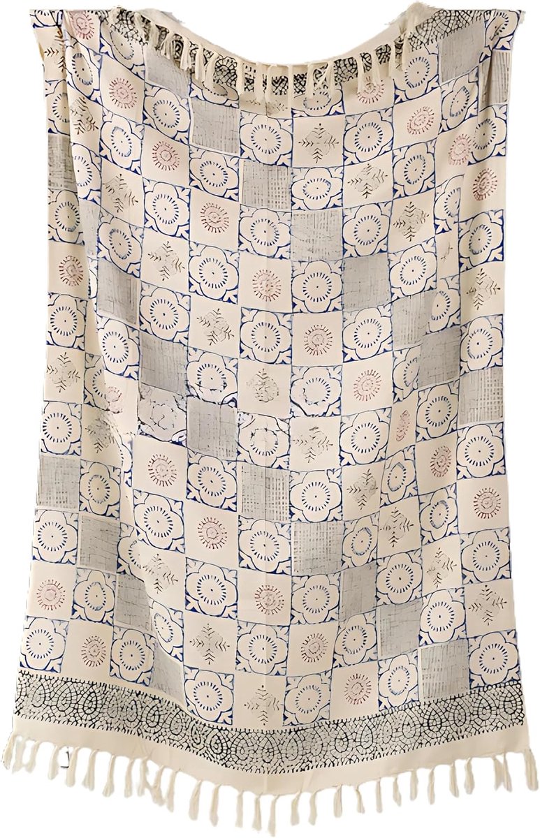 Plaids | Sofa Throw for all Seasons | 130x175 cm | Plaid met Franjes | 100% Katoen | Blauw en Creme