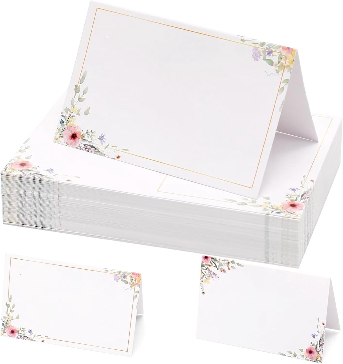 60 stuks tafelkaarten met elegante bloemen, plaatskaarten om zelf te beschrijven, 10,9 x 8,4 cm, naamkaartjes, bruiloft, plaatskaarten, bloemen, naamkaartjes voor bruiloft, verjaardag, feest, gasten