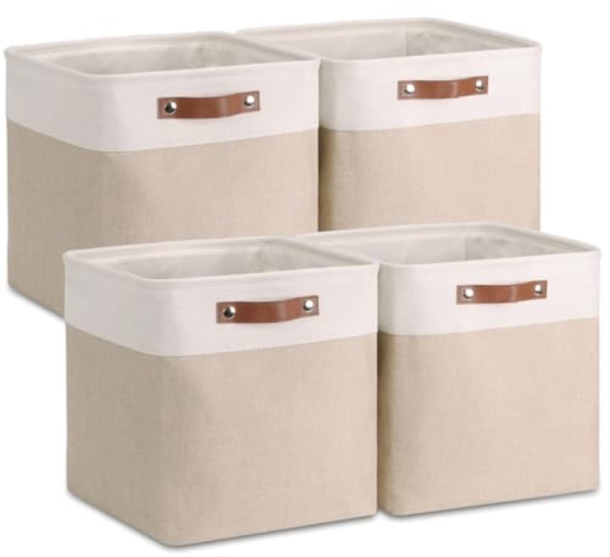 Huis Geluk Opbergbox Stof 33x33x33cm, Set van 4 Kubusvormige Opbergmanden voor Kast, Plank en Kleding, Kaki & Wit