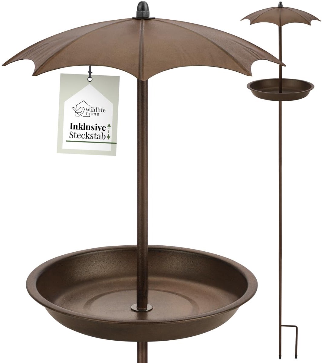 SnelShoppen - Vogelbad staand op staaf 'paraplu', vorstbestendig metaal, vogelvoederdispenser met grondpen, tuin en balkon, ideaal voor wilde vogels