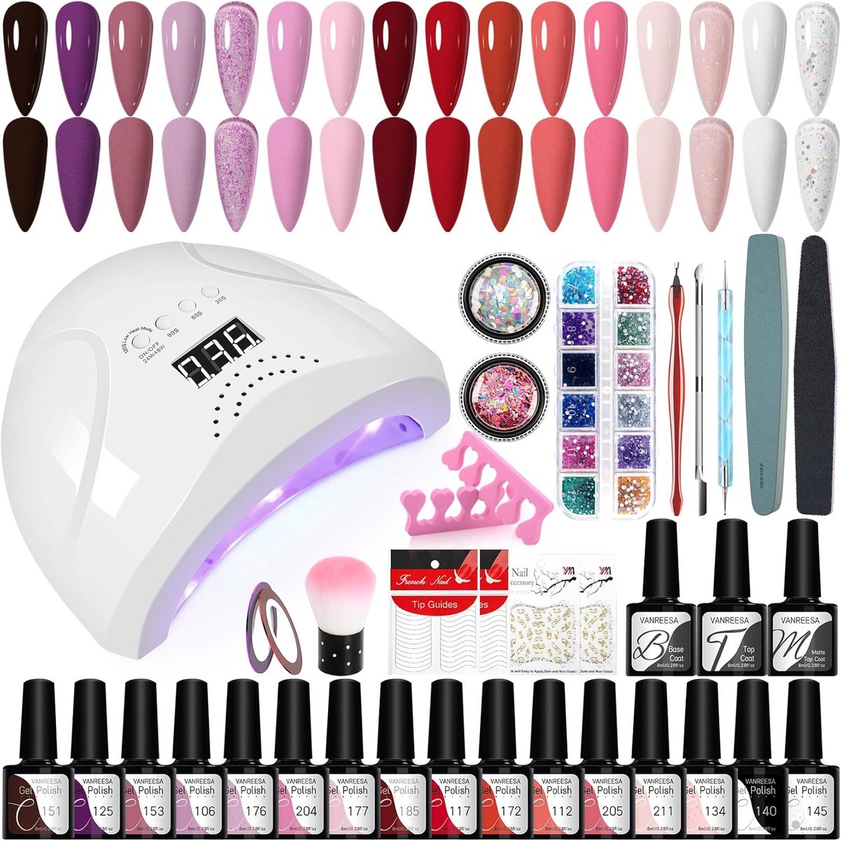 SnelShoppen - UV-nagellakset 16 Kleuren Gelnagelset met 48 W U-V/LED-nagellamp, Starterset voor Manicure, Roze, Rood, Paars, Glanzende & Matte Bovenla