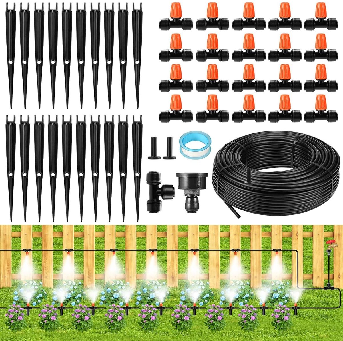 Drip Irrigatie Systeem - Tuin Water Set - Planten Water Geven - Lekvrije Snelkoppelingen - 75 FT - Zwart