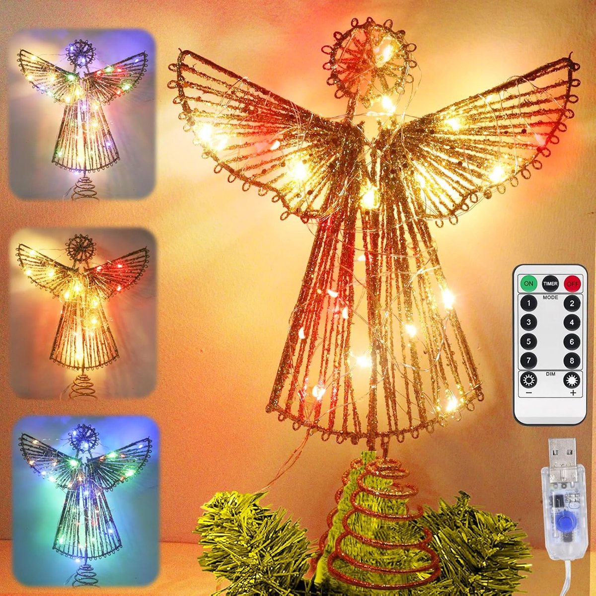 engel, led-kerstboompiek, kerstdecoratie met timerfunctie, USB-dennenboom, punt, ster voor kerstboomdecoraties, vakantiefeest, binnen