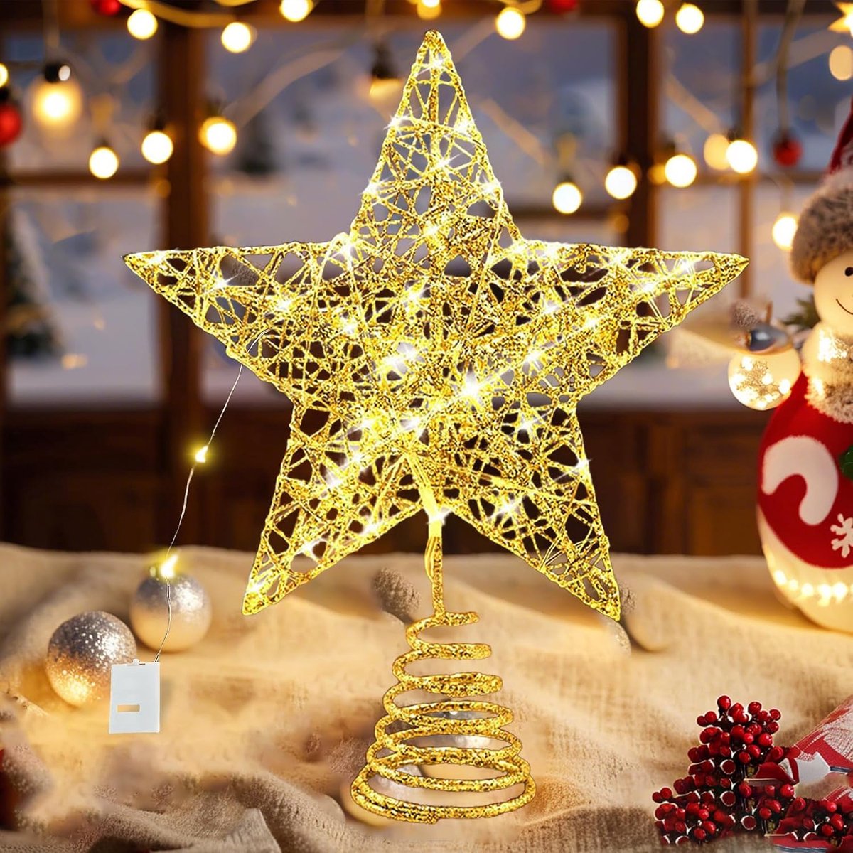 Kerstboompiek met 20 leds, kerstversiering, 18 x 22 cm, gouden glinsterende ster, boompiek, dennenboom, kunststof, kerstversiering, topper, verlichte decoraties voor kerstboom