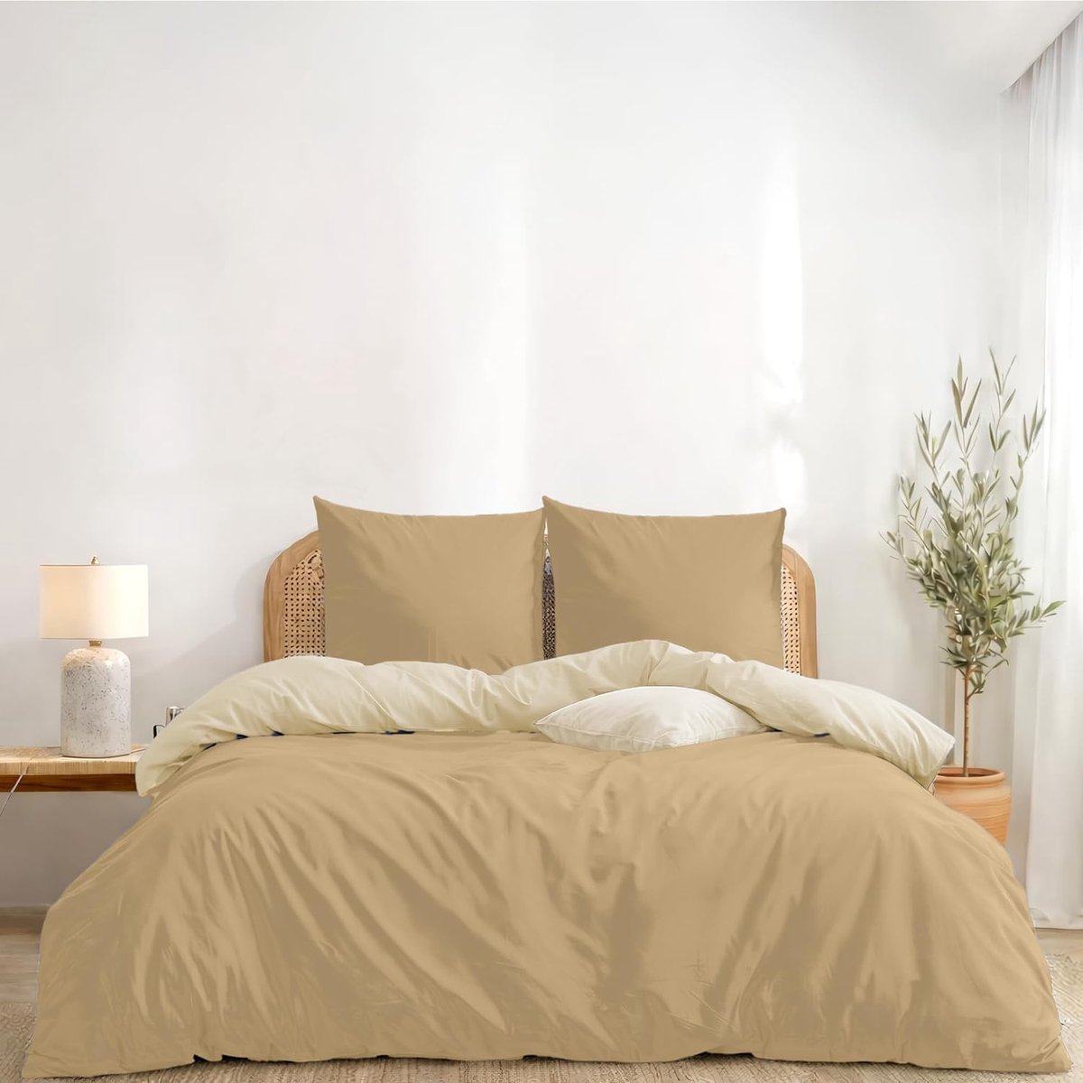 Omkeerbaar Dekbedovertrek 220x240 cm, met 2 Kussenslopen 65x65 cm, Beige/Zand - 220x240 Volwassen Beddengoedset in Microvezel - Oeko-Tex