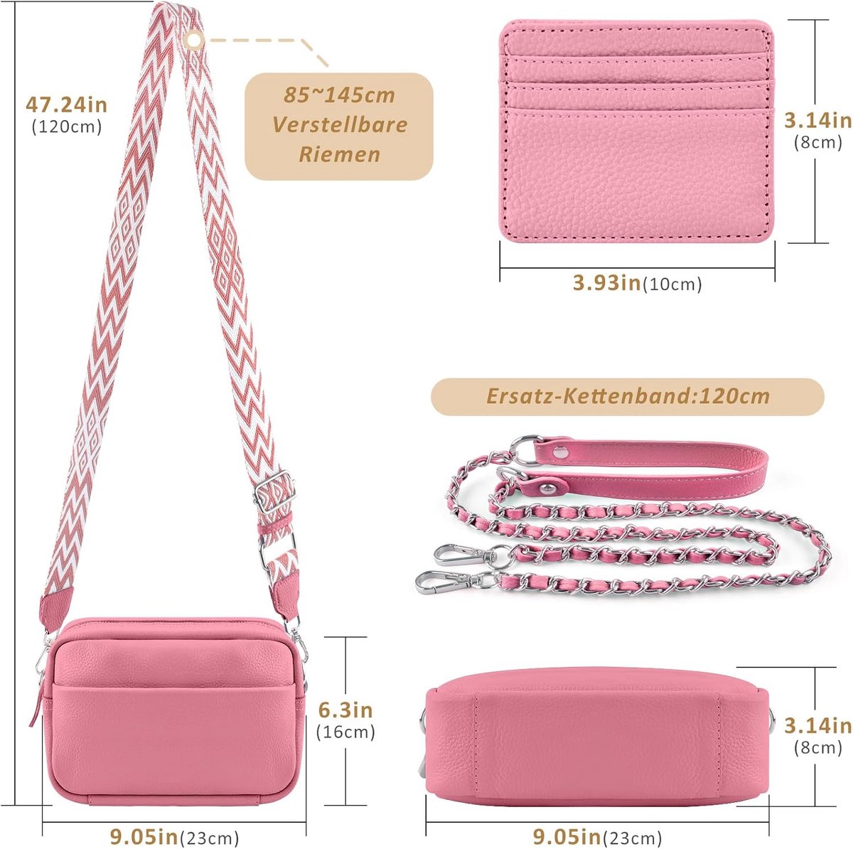 Schoudertas voor mobiele telefoon, echt leer, crossbody tas met 2 brede schouderbanden, kaarthouder, zwarte schoudertas voor dames, leren schoudertas voor dames, kleine tas voor dames met 3