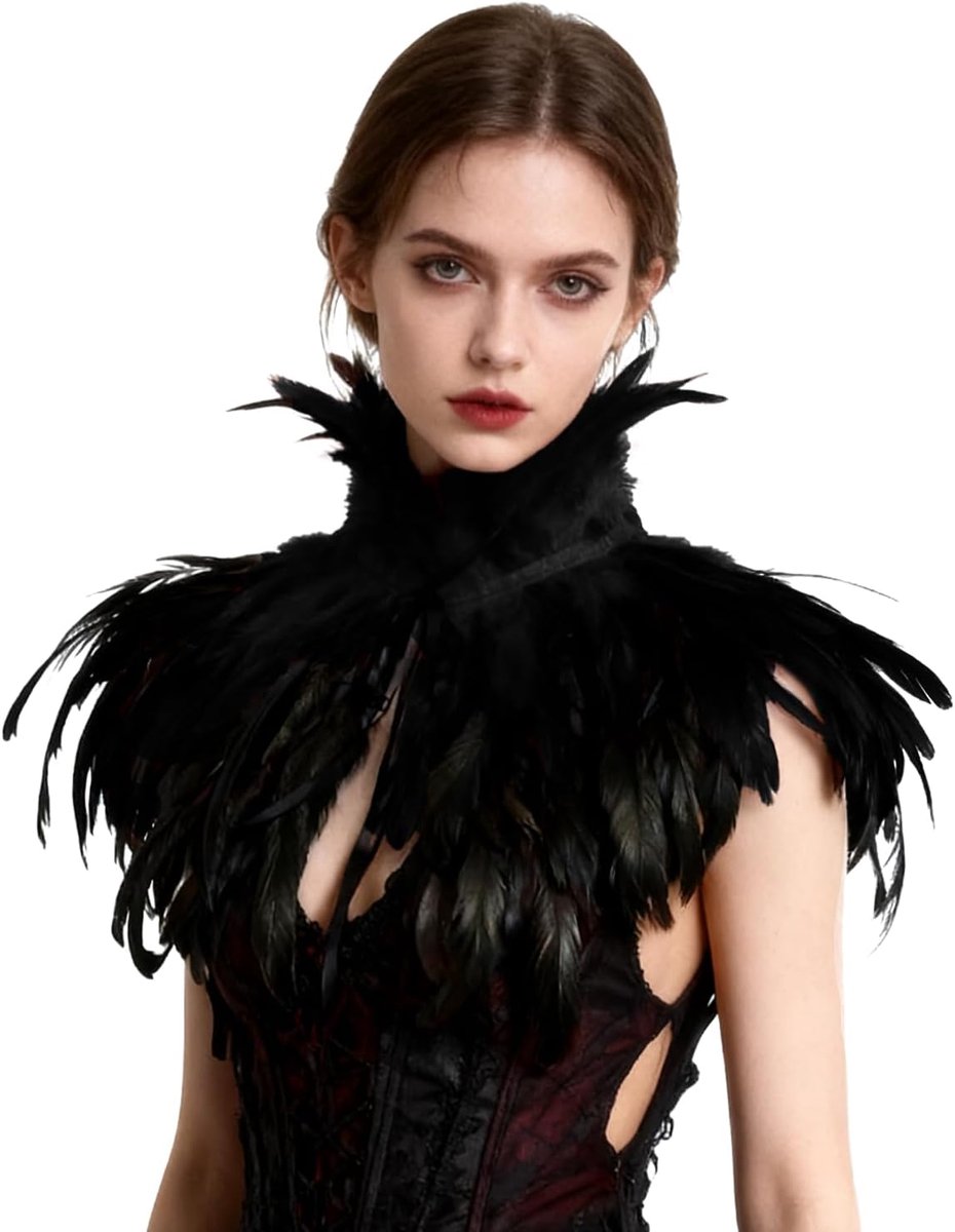 keland Zwarte Gothic Victoriaanse natuurlijke veer-kap-sjaal stola poncho met kraag