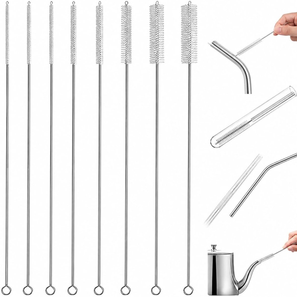Set – 8 Stuks van 30 cm – Buisborstel voor Reageerbuisjes, Melkslangen en Smalle Openingen – Schoonmaakborstels met Ophangoog – Flexibele Schoonmaakset voor Keuken en Badka