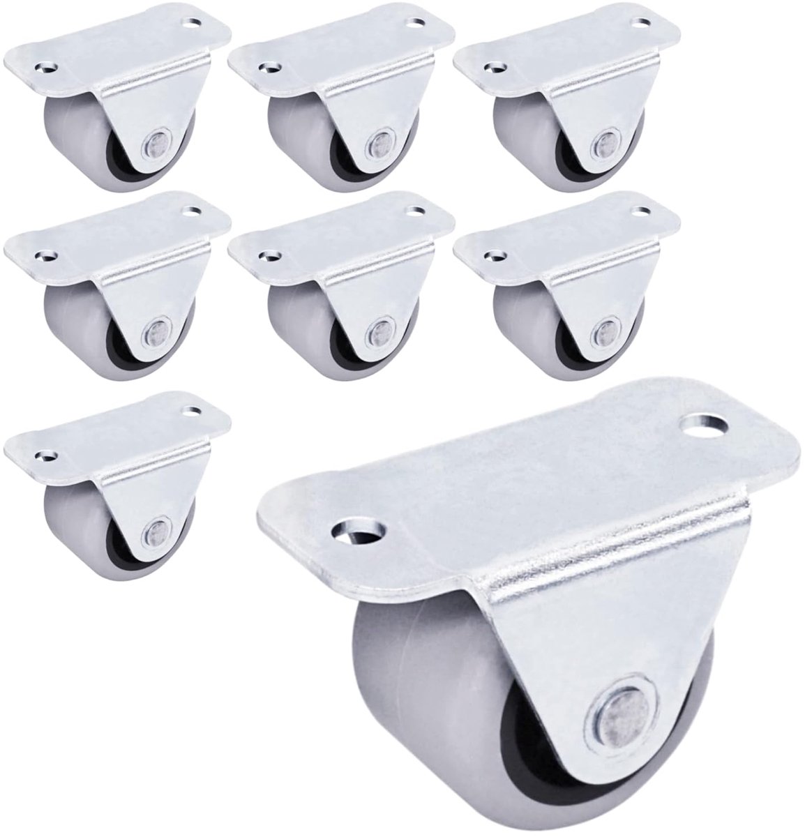 (8 stuks) Kleine 30 mm meubelwielen, grijze rubberen wielen, bokwielen, wielen met metalen plaat