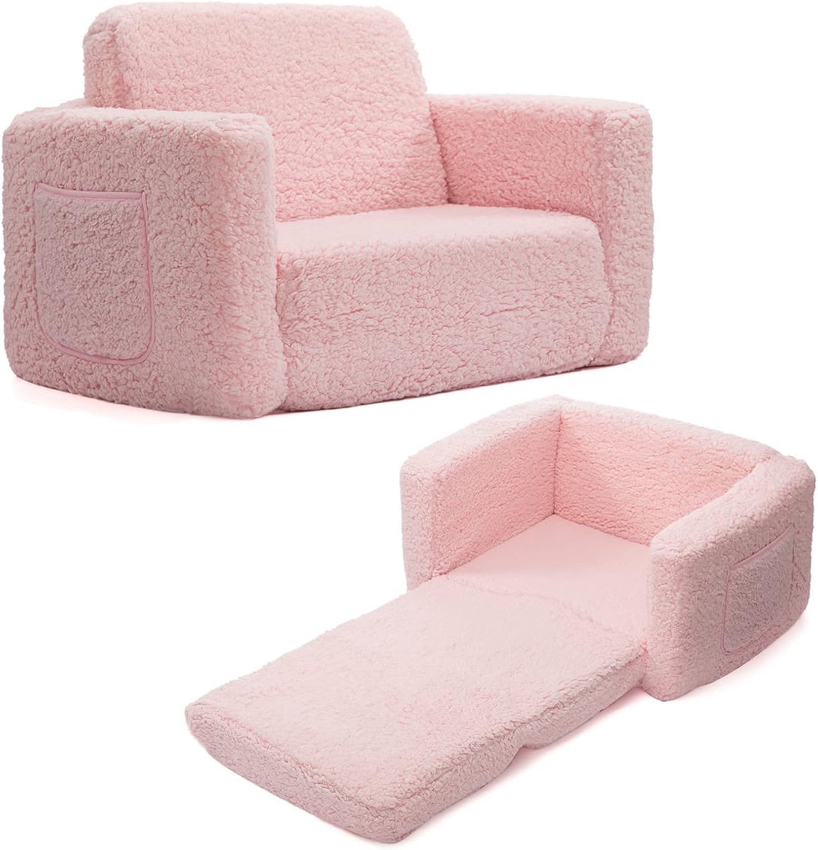 SnelShoppen - BEJOY Kinderslaapbank 2-in-1, Knuffelige Sherpa Peuterbank, Converteerbare Bank naar Ligstoel, Roze Kinderslaapbank voor Meisjes en Jong