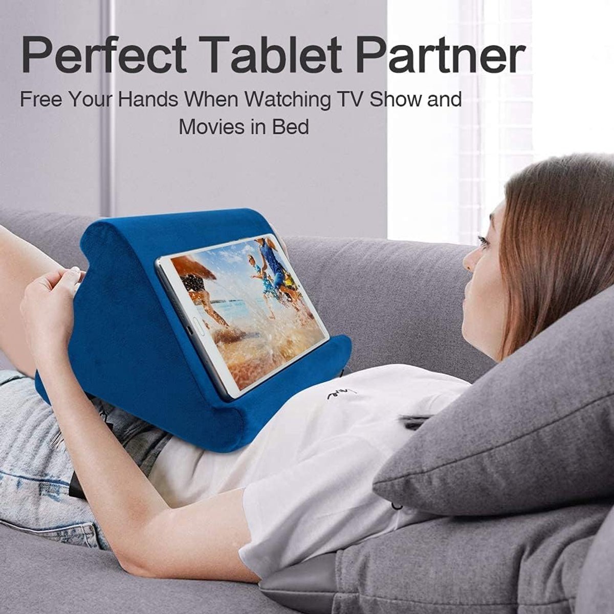 draagbare driehoekige tablet-kussenstandaard voor iPad, telefoon, e-reader, smartphones, bank, digitale boeken en tijdschriften (marineblauw)