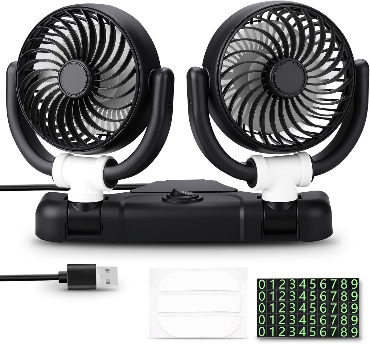 Autoventilator, 360 graden draaibaar, dubbele koppen, 12 V, met USB, 2 snelheden, airconditioning voor SUV, RV, ATV, boot, auto, nummerplaat met gratis sticker