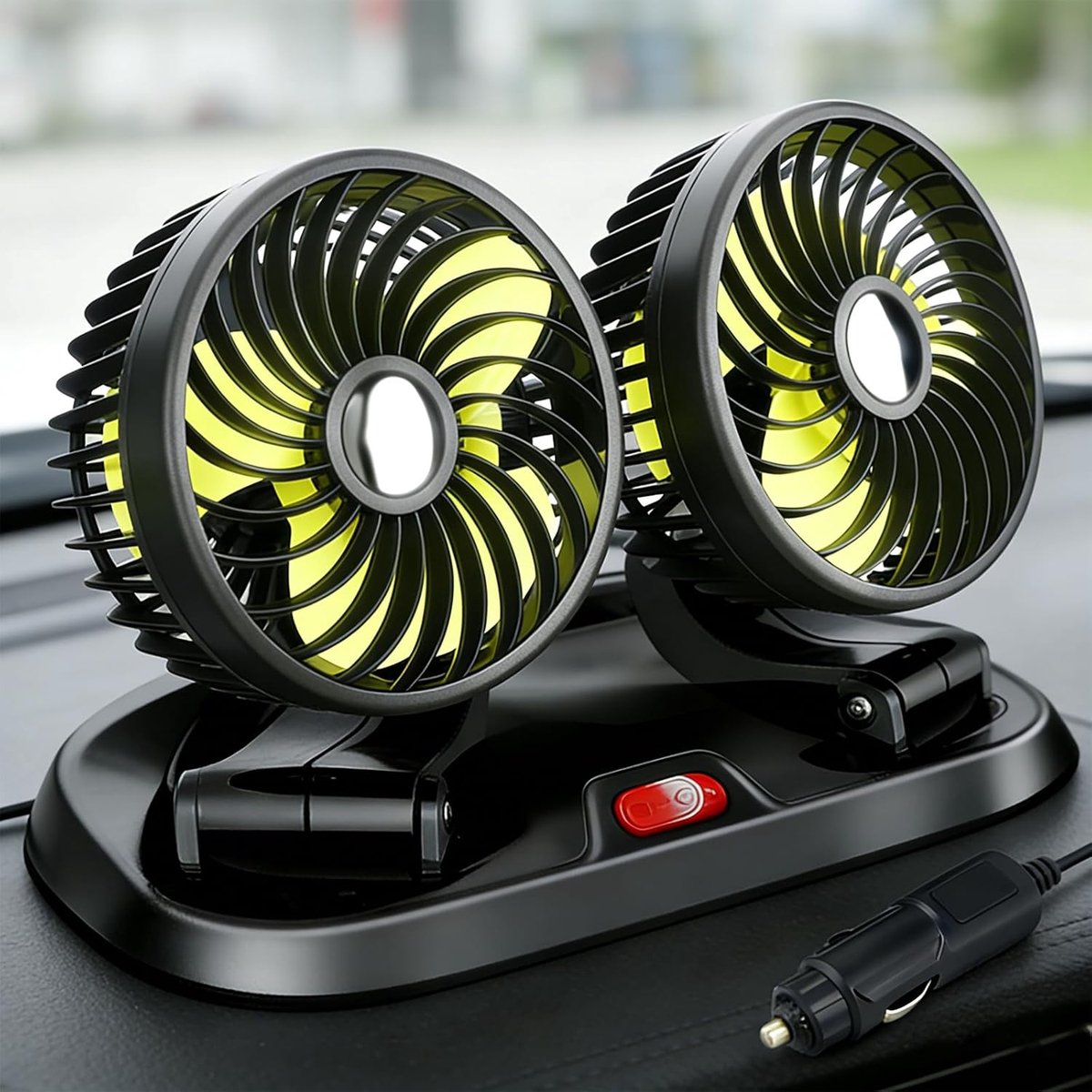 12 V autoventilator, dubbele kop, 360 graden draaibaar, met 2 snelheden, sigarettenaansteker, koelventilator voor dashboard, auto, bestelwagen, SUV, camper, vrachtwagen, boot (dubbele kop)