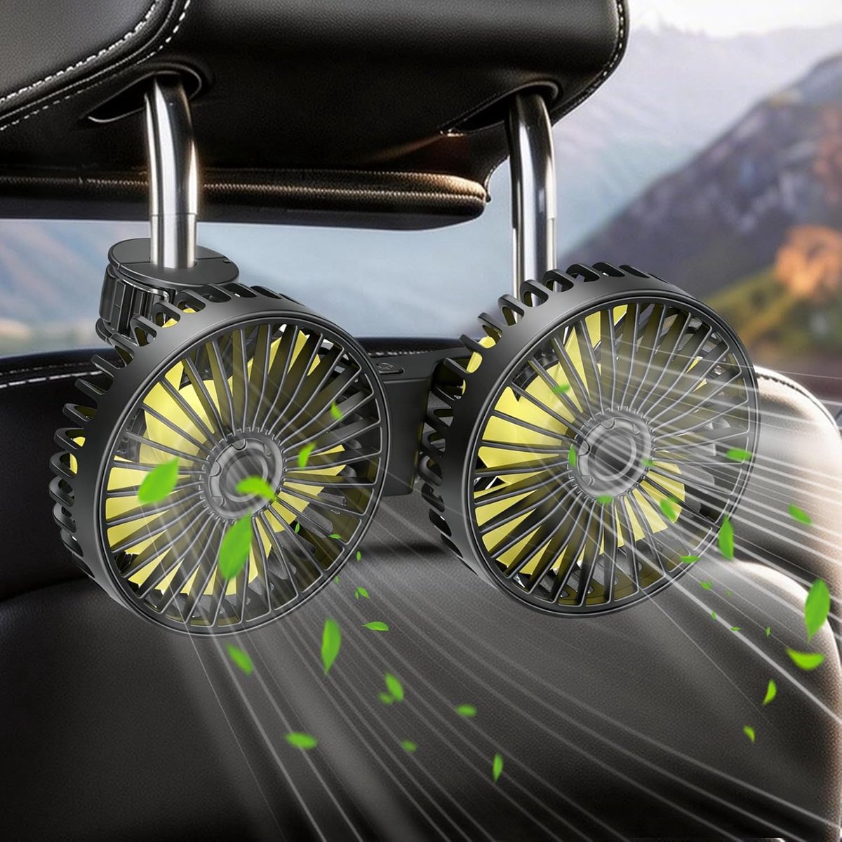 Dubbele Kop Autoventilator, Verstelbare 360 Graden Draaibaar 12 Volt Voertuig Stille Koelventilator, 3 Snelheden Achterbank Autoventilator voor Kinderen, Honden, Bestelwagen, SUV, Camper, Boot