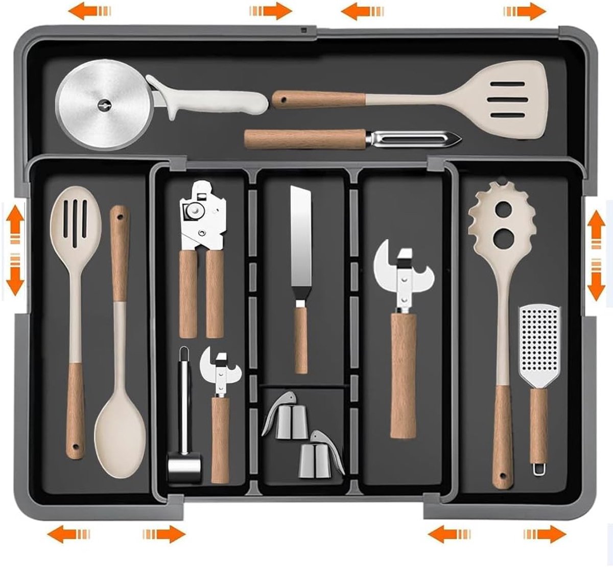 bestekbak voor laden, bestekbak voor laden, verstelbaar lade-inzetstuk, lade-organizer keuken, voor lepels/vorken/messen (zwart 2)